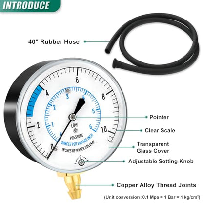 0-10" W.C Natural Gas or LP Gas Manifold Pressure Test Kit, with 40" Feet Hose, 1/8" NPT Fitting, Barbed Connection and Hex Bushing, for Kitchen and Industrial Equipment - size: 0-10" W.C