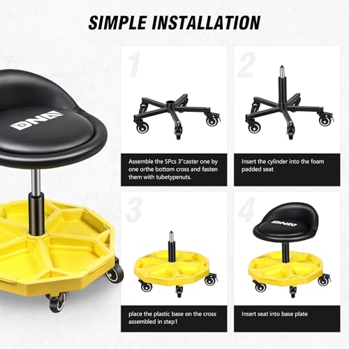 DNA Motoring 350 LBS Rolling Garage Stool, 20.5'' to 25.2'' Adjustable Height Foam-pad Seat, Round Tools Stool, Heavy Duty 3'' Wheels with 2 Brakes, TOOLS-00431 - color: Yellow