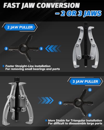 INCENDIOS 3" 4" 6" 8" Gear Puller Set, 2/3 Jaw Convertible Bearing Puller Kit, Reversible Jaws | Heavy Duty Cr-V Steel, Internal/External Removal Tool for Pulley, Gear, Flywheel, Bearing, Includes Ratchet Wrench