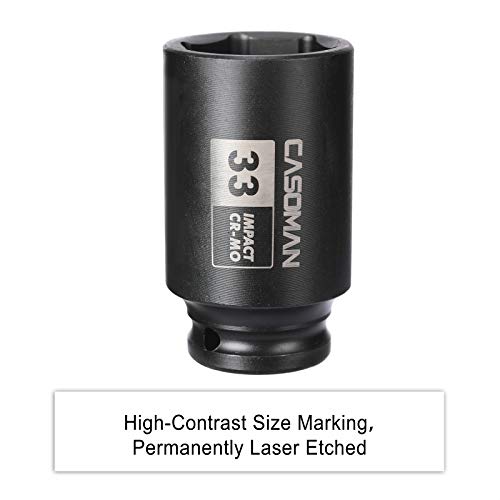 CASOMAN 1/2" Drive x 33 mm Deep 6 PT Impact Socket, CR-MO, 1/2-inch Drive 6 Point Axle Nut Socket for Easy Removal of Axle Shaft Nuts (33MM) - size: 33 mm (Deep), style: 6-Point Socket