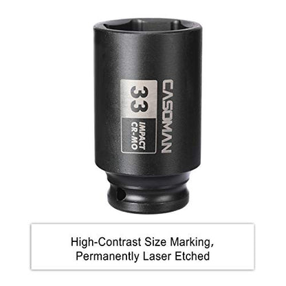 CASOMAN 1/2" Drive x 33 mm Deep 6 PT Impact Socket, CR-MO, 1/2-inch Drive 6 Point Axle Nut Socket for Easy Removal of Axle Shaft Nuts (33MM) - size: 33 mm (Deep), style: 6-Point Socket