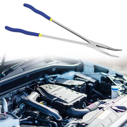 QWORK 16 Inch Long Reach Needle Nose Pliers, 45 Degree Angled Tip, Extra Long Handles, Tight Serrated Jaws for Narrow Spaces, Automotive Mechanic & Machinery Maintenance