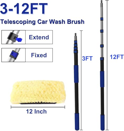 18Ft Reach Car Wash Brush with Long Handle, Car Cleaning Brush 12-Inch Soft Bristles, 3-12Foot Aluminium Telescoping Pole for Scratch-Free Cleaning RV, Car, Boats, Truck, Floors, Solar Panels - size: 12FT