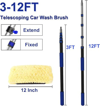 18Ft Reach Car Wash Brush with Long Handle, Car Cleaning Brush 12-Inch Soft Bristles, 3-12Foot Aluminium Telescoping Pole for Scratch-Free Cleaning RV, Car, Boats, Truck, Floors, Solar Panels - size: 12FT