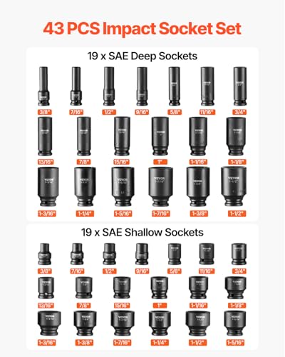 VEVOR Impact Socket Set 1/2" Socket Set 43 Piece Deep & Shallow SAE 3/8" to 1-1/2", 6 Point Cr-Mo Alloy Steel for Auto Repair, Easy-to-Read Size Markings, Rugged Construction, Storage Case - style: 1/2" 43PCS CR-MO