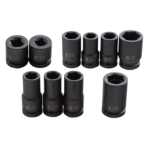 Sunex 5690A, 1 Inch Drive Heavy Duty Wheel Impact Socket Set, 10-Piece, SAE/Metric, Deep/Deep Thin Wall/Square/Controlled Depth, Cr-Mo Steel, Storage Case, Black - size: 1" Dr Wheel Impact Socket Set, 10 PC, style: SAE & Metric Wheel