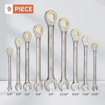 BOOSDEN 9-Piece Ratcheting Wrench Set, High-Carbon Steel Ratcheting Wrenches Set with Roll-Up Pouch, SAE 1/4-3/4" Combination Ratchet Wrench for Auto Repair, Mechanical, Household, Garage, Boat