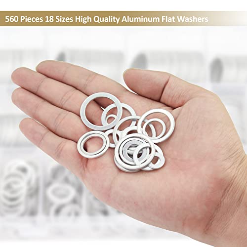 560 Pieces Automotive Drain Plug Gaskets, Oil Crush Washers, Kindroufly 18 Sizes Aluminum Flat Washers Assortment Set (M6 to M24)