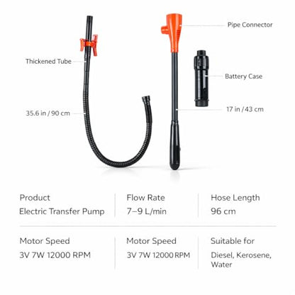 Cordless Electric Fuel Transfer Pump, 3GPM Battery-Powered Gas/Diesel/Kerosene Siphon Pump Kit with Oil-Resistant Hose, Adjustable Flow Nozzle, for Cars, Generators, Lawn Mowers (Orange)