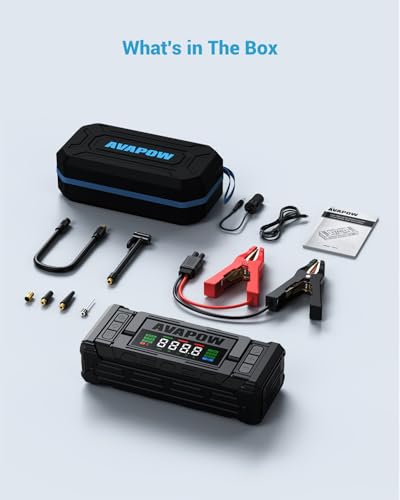 AVAPOW 10000A Jump Starter with Air Compressor, 12V Portable Jump Box | Starts All Gas & All Diesel, Built-in 150PSI Air Compressor, 30W PD Fast Charging, 4" HD Display, EVA Case - color: 10000A