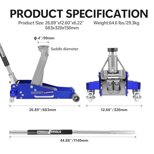 3T Aluminum Floor Jack, 6000 lb, Dual Pump, 3.35"-18.5" Lift | Aircraft-grade aluminum, dual pump, reinforced arm, side-mount handle. 3.35"-18.5" lift range. Lightweight & durable. - size: 3T Aluminum & Steel Blue