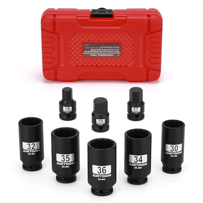 1/2" Drive 12-Point Axle Nut Spindle Impact Socket Set, 8-Piece Deep Impact Socket Set, Cr-Mo, 14mm 17mm 19mm, 30mm 32mm 34mm 35mm 36mm Metric Socket, With Storage Case - size: 30MM-36MM