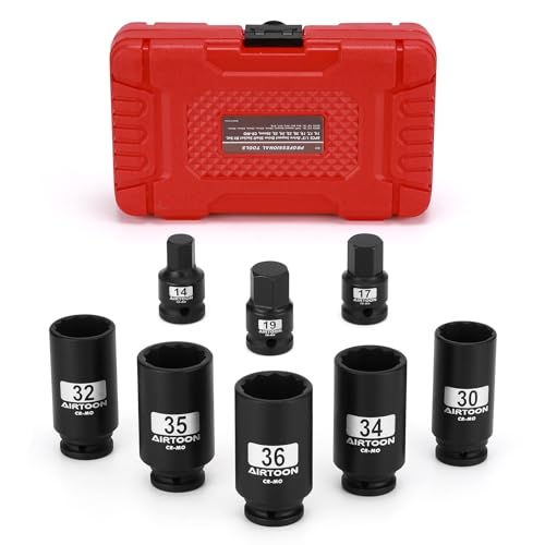 1/2" Drive 12-Point Axle Nut Spindle Impact Socket Set, 8-Piece Deep Impact Socket Set, Cr-Mo, 14mm 17mm 19mm, 30mm 32mm 34mm 35mm 36mm Metric Socket, With Storage Case - size: 30MM-36MM