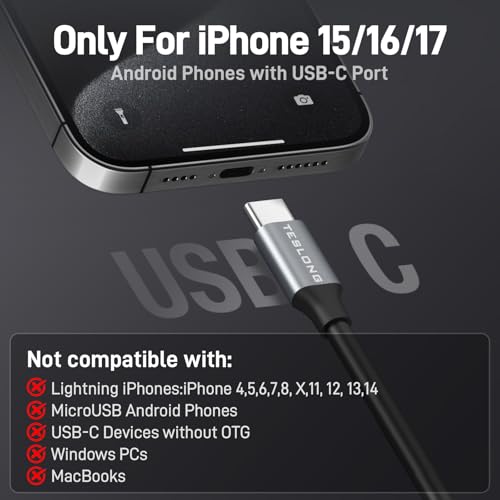 USB C Endoscope Camera with Light, Teslong Type-C Snake Borescope Camera with 8 LED Lights, 10FT Flexible Waterproof Inspection Cam, Fiber Optic Scope Compatible with iPhone 15/16/17, Android Phone | Plug and Play, 8 LED Lights, 1.0MP HD Camera, IP67 Wate