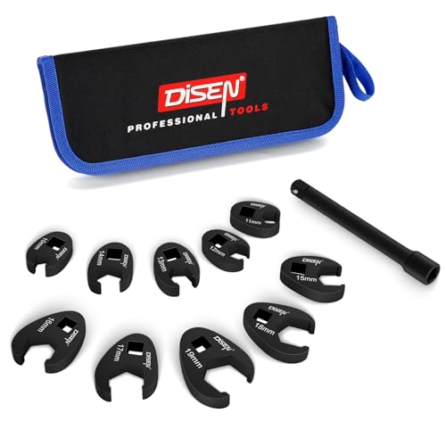DISEN 11 PCS Crowfoot Wrench Set for 3/8" Drive with Extension Bar, Flare Nut Wrenches Set Metric Size 10-19mm, Professional Kit with Zipper Pouch, for Automotive, Plumbing, and Industrial Repair