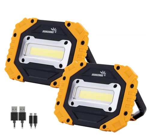 Sunzone LED Work Light, Rechargeable Magnetic Flood Lights with Stand, Waterproof Portable Job Site Lighting for Camping, Fishing, Hiking, Car Inspection with Emergency Mode (2 Pack) - color: Yellow 2 Pack, size: Rechargeable model