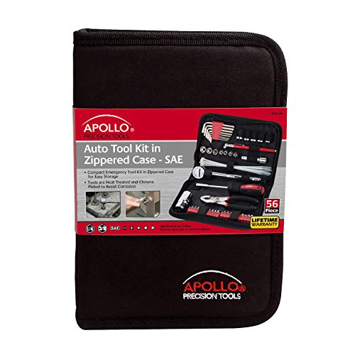 Apollo Tools 56 Piece Compact SAE Auto Tool Set in Zippered Case, Small Mechanic Tool Set for Car Emergency, Motorcycle Repair on the Road, Great for Travel Tool Needs - Red - DT9774 - style: SAE (Automotive)