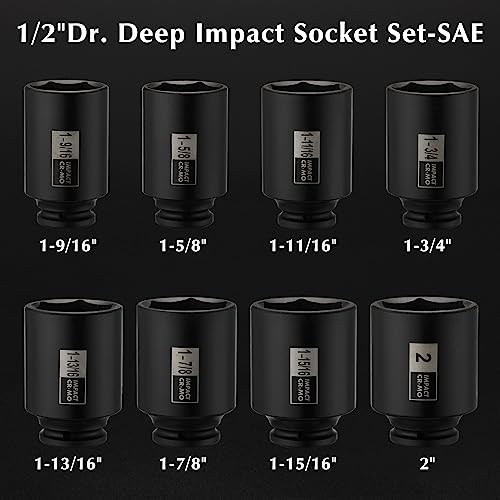 EMENTOL 8PCS 1/2-Inch Drive Spindle Axle Nut Impact Socket Set, CR-MO, 6 Point, SAE, 1/2" Dr. Deep Impact Socket Set, 1-9/16 Inch - 2 Inch - style: 8PCS (1-9/16Inch - 2Inch)