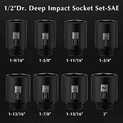 EMENTOL 8PCS 1/2-Inch Drive Spindle Axle Nut Impact Socket Set, CR-MO, 6 Point, SAE, 1/2" Dr. Deep Impact Socket Set, 1-9/16 Inch - 2 Inch - style: 8PCS (1-9/16Inch - 2Inch)