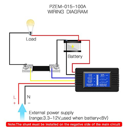 DC 0-200V 100A Digital Battery Monitor Meter, LCD, Solar, Multifunction | Solar Power Meter, Multimeter, Ammeter, Voltmeter, 12V/24V/48V, for RV, Car Battery, Current Voltage - style: DC 100A Battery Meter（100A Shunt）