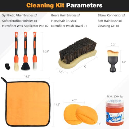9PCS Car Detailing Brush, Horse Hair and Boar Bristle Brush Set with Elbow Adapter, Microfiber Wax Applicator Pads, Drying Towel and Cleaning Gel,Cleaning Kit for Interior Exterior