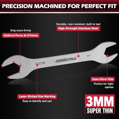 9-Piece Super Thin Open-End Wrench Set, SAE 1/4"-1-1/16", 3mm Thickness Slim Wrench Set for Tight Spaces, Nickel Plated Flat Wrenches with Rolling Storage Pouch - style: 9-Pc SAE (3mm Super Thin)