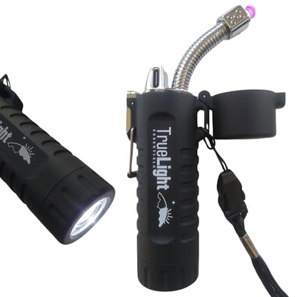 TrueLightEssentials Electric Rechargeable Plasma Lighter - Waterproof USB Arc Lighters with Flashlight LED Battery Indicator and Flexible Neck for Candle Survival Camping Emergency (Black, Long) - color: Black