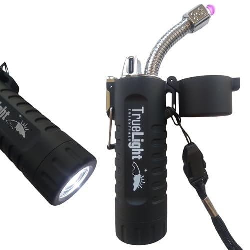 TrueLightEssentials Electric Rechargeable Plasma Lighter - Waterproof USB Arc Lighters with Flashlight LED Battery Indicator and Flexible Neck for Candle Survival Camping Emergency (Black, Long) - color: Black
