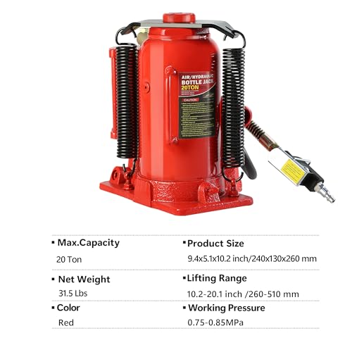 20 Ton Air Hydraulic Bottle Jack with Air-Powered or Manual Operation, One-Piece Hydraulic Cylinder Design, Air Bottle Jack with Carry Handle for Pickup Trucks, Commercial Vehicles, and Farm Equipment - color: Red