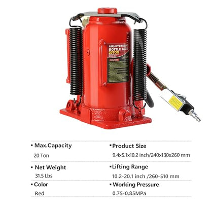 20 Ton Air Hydraulic Bottle Jack with Air-Powered or Manual Operation, One-Piece Hydraulic Cylinder Design, Air Bottle Jack with Carry Handle for Pickup Trucks, Commercial Vehicles, and Farm Equipment - color: Red