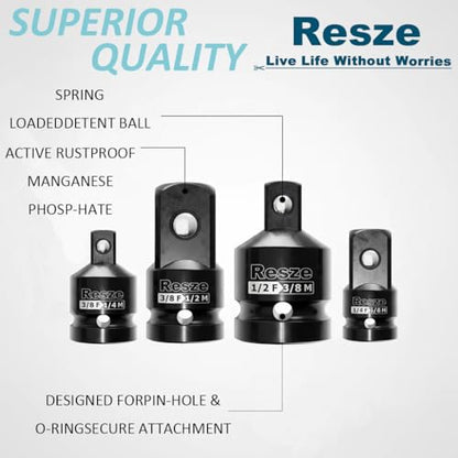 Resze 4PCS Impact Socket Adapter and Reducer Set,1/4" & 3/8" & 1/2" Drive Socket Adapter Set, Square Adapter Breaker Bar Wrench Conversion Kit Mechanic tools, Chrome Molybdenum Alloy Steel - size: 4PC