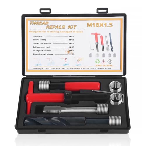 Jeanoko 10PCS M18x1.5 Thread Repair Kit, High Strength Stainless Steel Twisted Drill Tap Wrench,Threaded Insert Tools Set for Automotive Parts, Thread Repair Insert Kit for Damaged Thread Repair