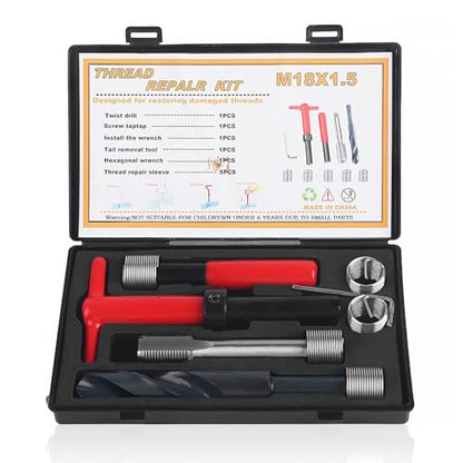 Jeanoko 10PCS M18x1.5 Thread Repair Kit, High Strength Stainless Steel Twisted Drill Tap Wrench,Threaded Insert Tools Set for Automotive Parts, Thread Repair Insert Kit for Damaged Thread Repair