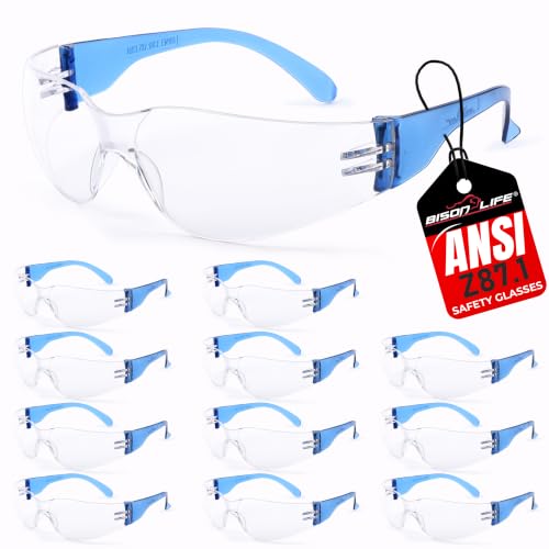 BISON LIFE Clear Safety Glasses – ANSI Z87.1 Certified Scratch & Impact Resistant Eye Protection Goggles for Men & Women - color: Clear/Blue