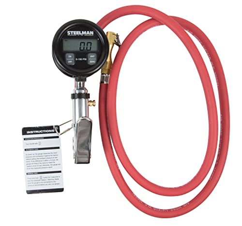 Steelman Digital Pressure Gauge Tire Inflator with 5-Foot Pneumatic Whip Hose, 0-150 PSI, Accurate to 0.25%, Backlit LCD Screen, Protective Casing - size: 5-Foot Hose