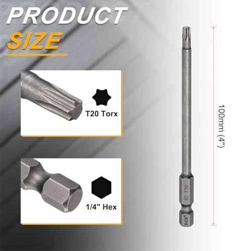 HARFINGTON 10pcs T20 Torx Head Screwdriver Bit 1/4" Hex Shank 4" (100mm) Long Magnetic No Hole Tip Tamper Proof 6 Point Star Screw Driver Drill Bits S2 Steel Industrial Power Screwdrivers - size: T20 x 4"