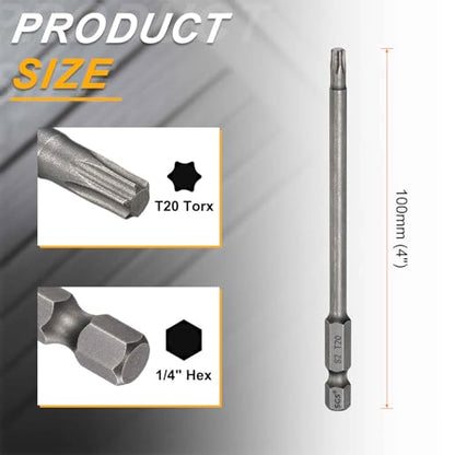 HARFINGTON 10pcs T20 Torx Head Screwdriver Bit 1/4" Hex Shank 4" (100mm) Long Magnetic No Hole Tip Tamper Proof 6 Point Star Screw Driver Drill Bits S2 Steel Industrial Power Screwdrivers - size: T20 x 4"