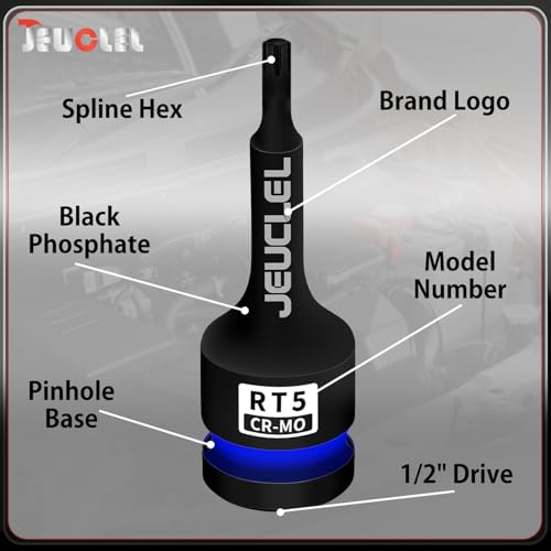 RT5 Spline Bit Socket, 1/2" Drive Spline Hex 6 Point Impact Socket | 3-Inch, Cr-Mo Steel, Lengthen Screwdriver Adapter for Electric Ratchet Wrenches, Fastening Screws, Socket Wrench, Head Drill - size: RT5