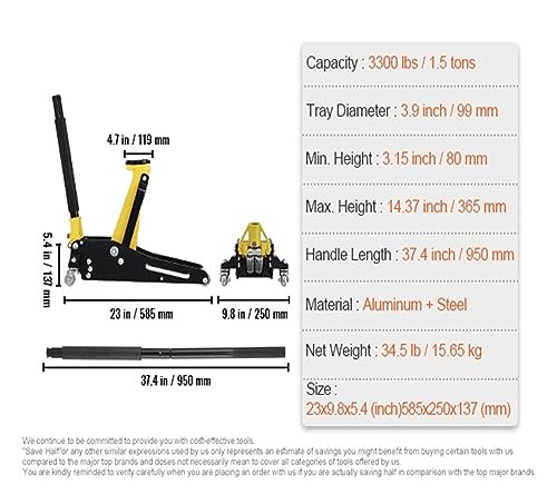 Hydraulic Jack Car Jack 1.5-3 Ton Floor Jack Aluminum&Steel Racing Jack W/Single Pistons Quick Lift Pump Tire Chan Lifting Repair Tool(Size:1.5 Ton) - size: 1.5 Ton
