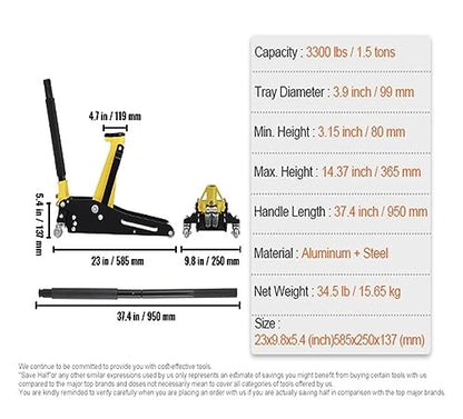 Hydraulic Jack Car Jack 1.5-3 Ton Floor Jack Aluminum&Steel Racing Jack W/Single Pistons Quick Lift Pump Tire Chan Lifting Repair Tool(Size:1.5 Ton) - size: 1.5 Ton