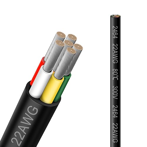 22 Gauge 6 Conductor Electrical Wire, 16.5FT 2464 22AWG 6 Wire Cable Black PVC Stranded Tinned Copper, 22/6 Cord Extension Low Voltage Cable - size: 16.5 FT, style: 22 AWG-6C