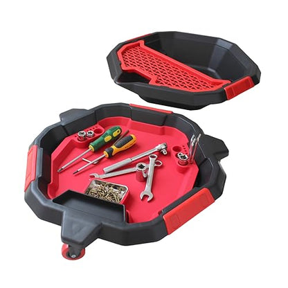 MaxWorks 3-in-1 Rolling Oil Drain Pan and Mobile Tool Creeper 8.5 Quart Fluid Container with 360 Degree Swivel Wheels and Mesh Drain Plug Holder (50695)