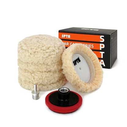 SPTA Wool Polishing Pad, 5Pcs 3"(75mm) 100% Natural Wool Buffing Pad with 1Pc Hook&Loop Backing Pad, 1Pc Extension Shank for Drill Polisher Cutting, Car Body Repair Buffing