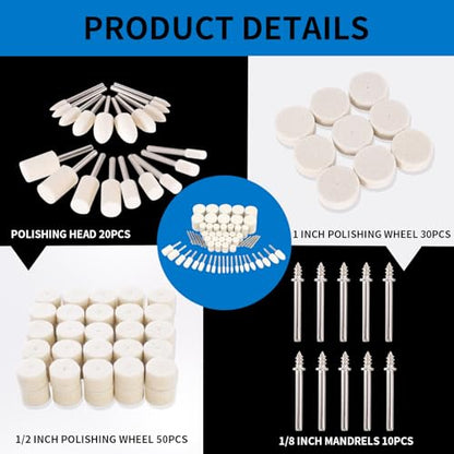 Polishing Buffing Wheel for Rotary Tool, 110PCS Wool Felt Wheel Accessories,Polishing Kit with 1/8" Shank for Jewelry Metal Buffing Wheels Polishing