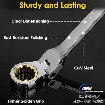 YIYEIE 14 * 15 mm Extra Long Flex-Head Ratcheting Wrench, Metric, 72-Tooth Double Box End Long Handle Ratchet Wrench, CR-V Steel with Mirror Finish Labor-Saving Spanner - size: Extra Long 14mm x 15mm