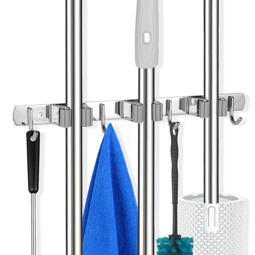 voze 3 Racks and 4 Hooks Mop and Broom Holder Wall Mount, Self Adhesive Heavy Duty Broom Organizer Storage Tool Racks for Kitchen Garden Laundry Garage - color: Silver, size: 3 Racks 4 Hooks