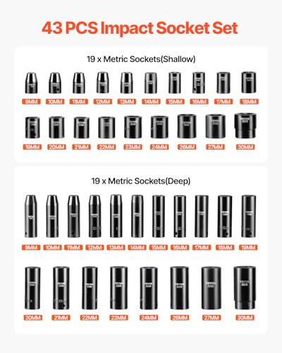 VEVOR Impact Socket Set, 1/2 Inches 43 Piece Impact Sockets, 1/2 Inches Drive Socket Set, High-torque Standard Socket Assortmen with 4 Extension Bars, 6-Point Sockets Metric 9-30mm (Standard/Deep) - style: 1/2" 43PCS