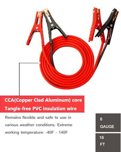 6 Gauge-16 Feet Battery Jumper Cables with Heavy-Duty Alligator Clamps - Reliable and Durable Car Battery Booster Cables for Quick and Safe Jump Starts,Ideal for Trucks,SUVs, and Cars - size: 6-Gauge (16 Feet)