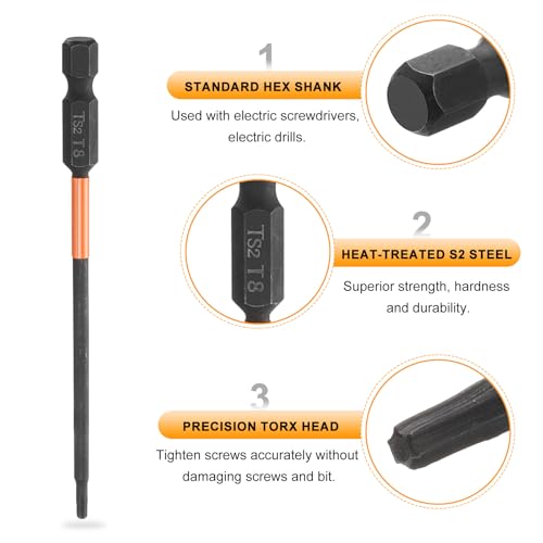 HARFINGTON 3pcs T8 Torx Head Screwdriver Bit 4" (100mm) Long 1/4" Hex Shank Magnetic No Hole Tamper Proof 6 Point Star Screw Driver Drill Bits Phosphate S2 Steel Industrial Power Tools - size: T8 x 100mm