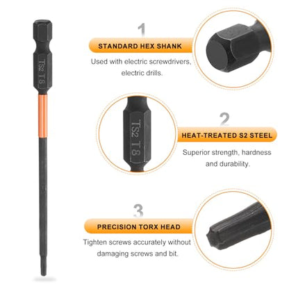 HARFINGTON 3pcs T8 Torx Head Screwdriver Bit 4" (100mm) Long 1/4" Hex Shank Magnetic No Hole Tamper Proof 6 Point Star Screw Driver Drill Bits Phosphate S2 Steel Industrial Power Tools - size: T8 x 100mm